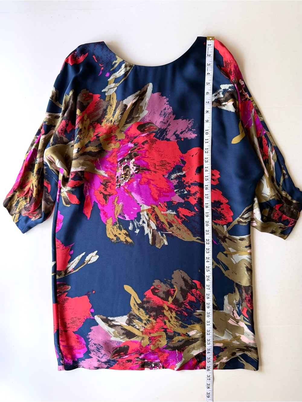 Trina Turk Navy Blue Silk Satin Caftan Style V-Back Floral Print Midi Dress M - Picture 10 of 14